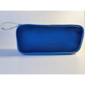 Clinique Blue Vinyl Zipper Makeup Bag Rounded Edges 8”x 4”